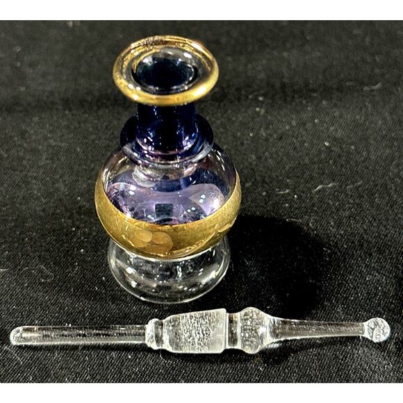 Hand Blown Egyptian Glass Perfume Bottle Blue Purple Gold Mini Genie 3” - Picture 5 of 6